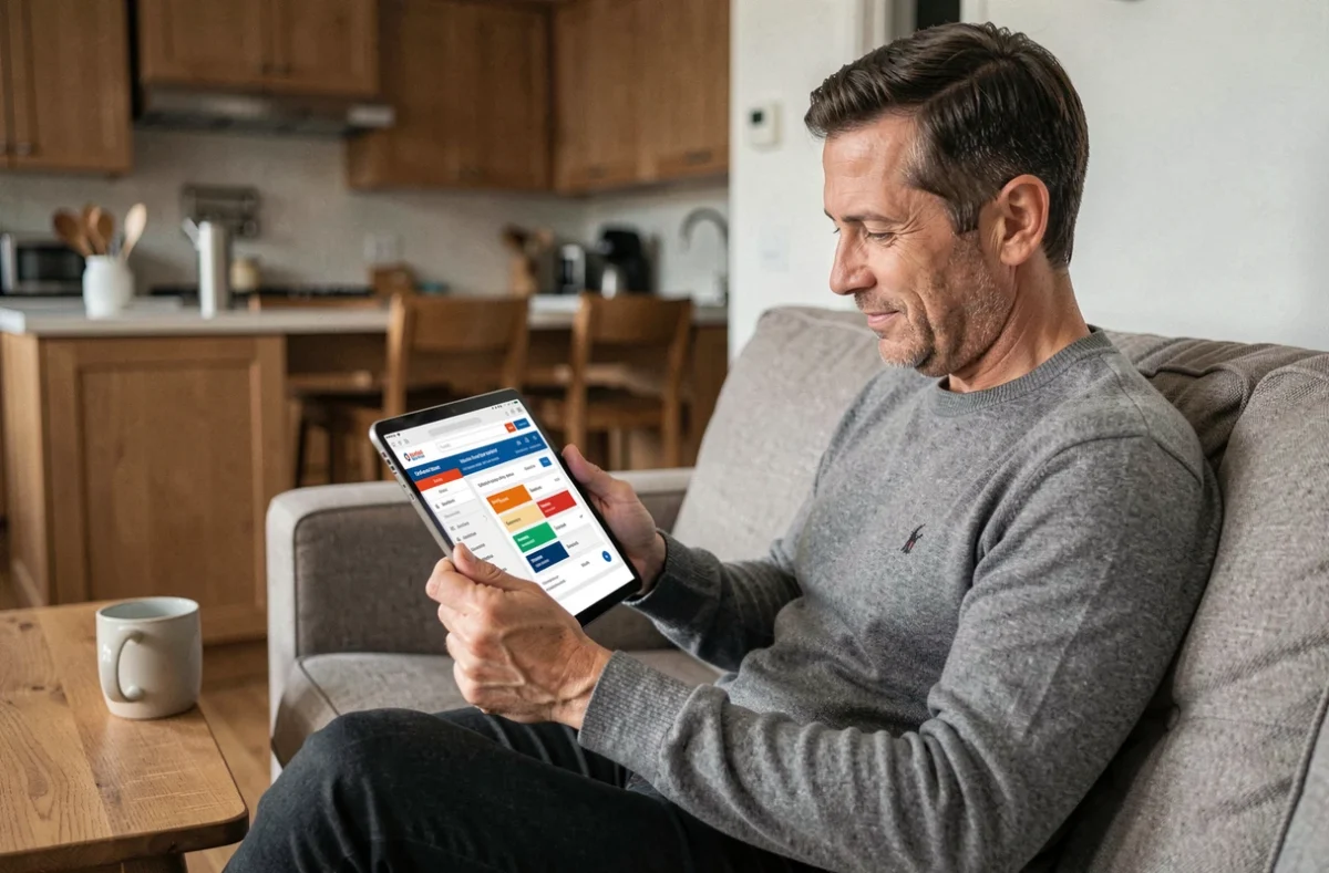 Homme comparant des offres de mutuelle santé sur une tablette dans son salon