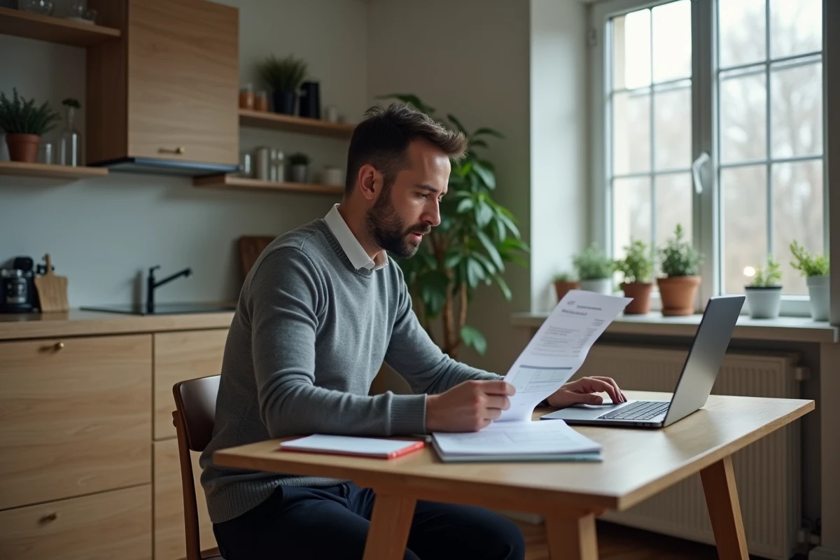 Homme comparant des fiches de salaire et des tableaux fiscaux par canton suisse sur un ordinateur portable dans un appartement genevois