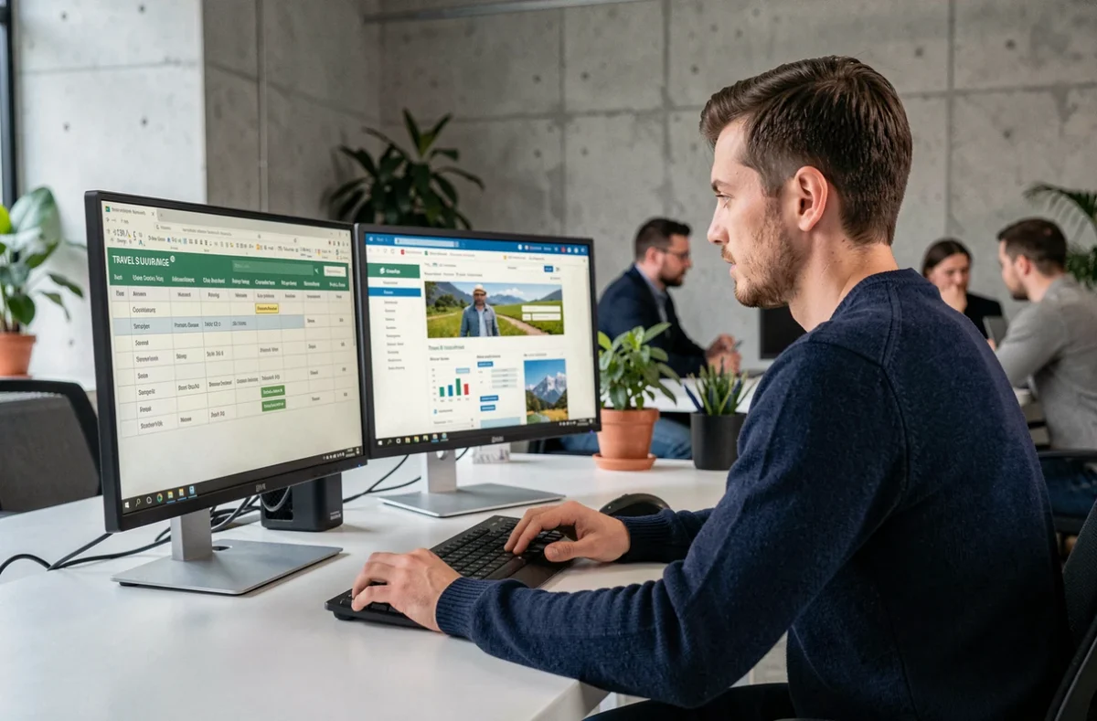 Homme comparant des offres d'assurance voyage pour les États-Unis sur deux écrans dans un espace de coworking moderne
