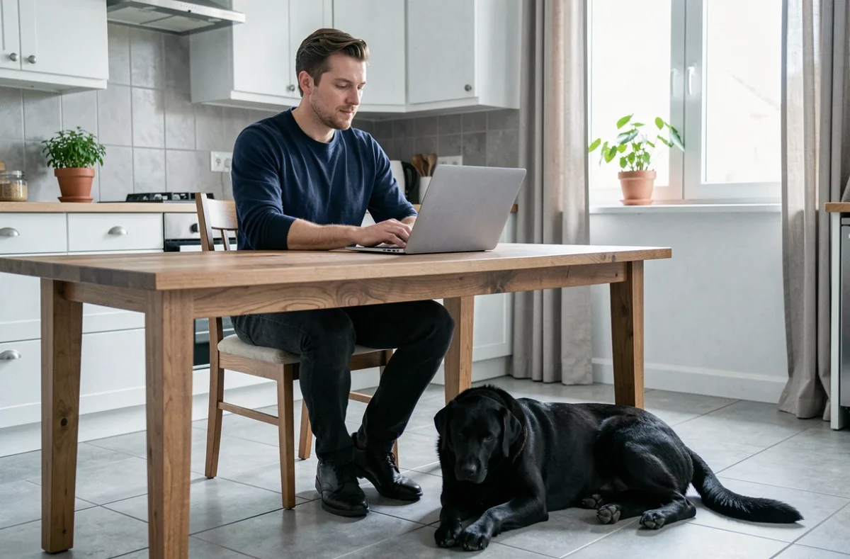 Homme comparant des offres d'assurance chien sur ordinateur portable avec son labrador noir à ses pieds