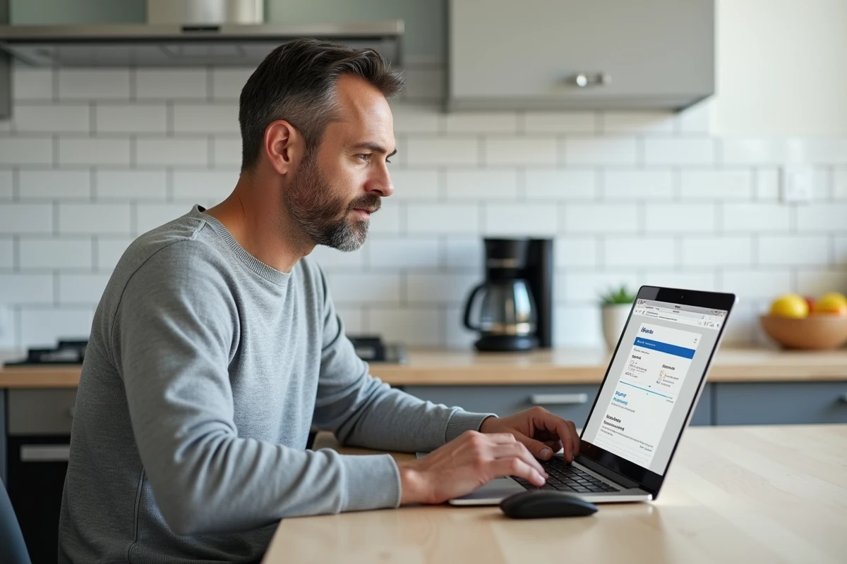 Homme d'âge moyen consultant son compte PayPal sur ordinateur portable dans une cuisine moderne