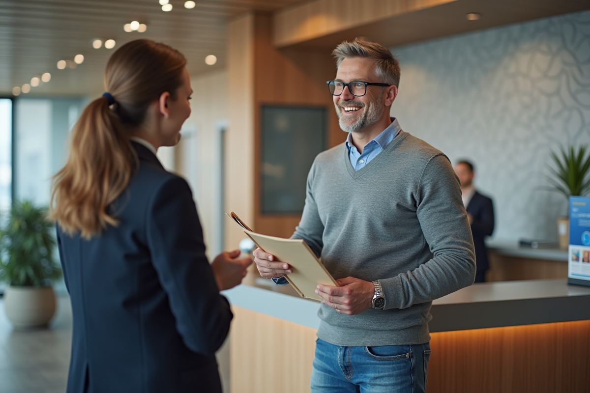 Homme discutant avec conseiller bancaire en agence