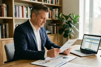 Homme consultant des documents financiers sur une SCPI en assurance-vie dans un bureau moderne