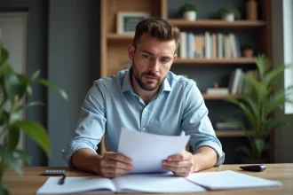Homme consultant des documents de prêt immobilier et un livret d'épargne à son bureau