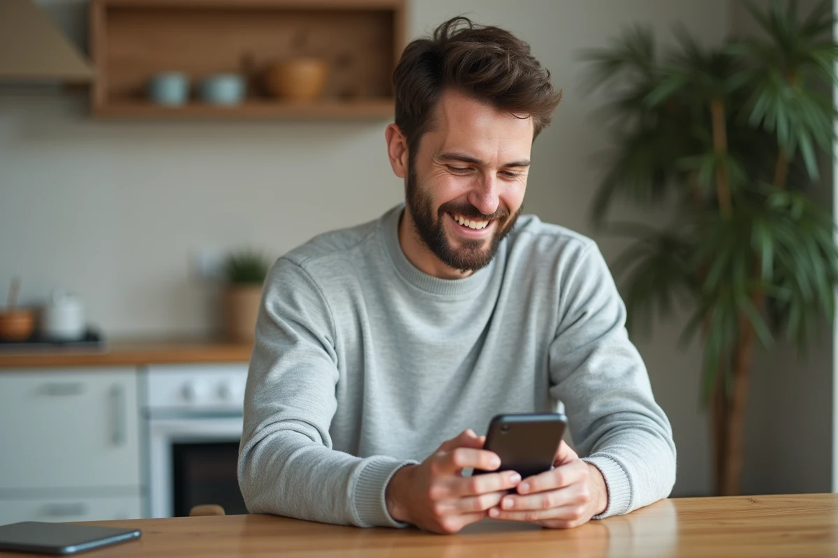 Homme contactant le service client Cofidis depuis son domicile via smartphone