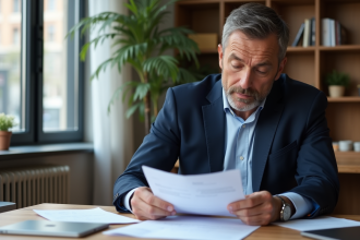 Homme d'âge moyen examinant des documents d'assurance