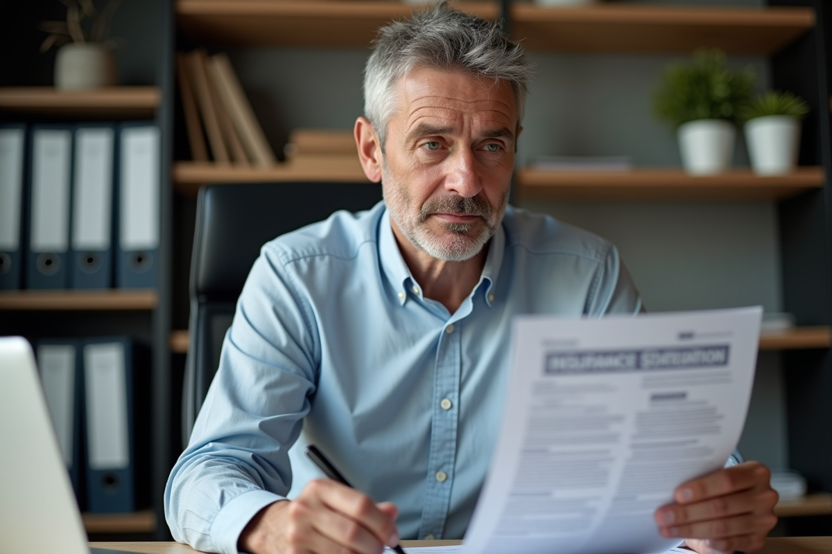 Homme d'affaires en bureau lisant un contrat d'assurance