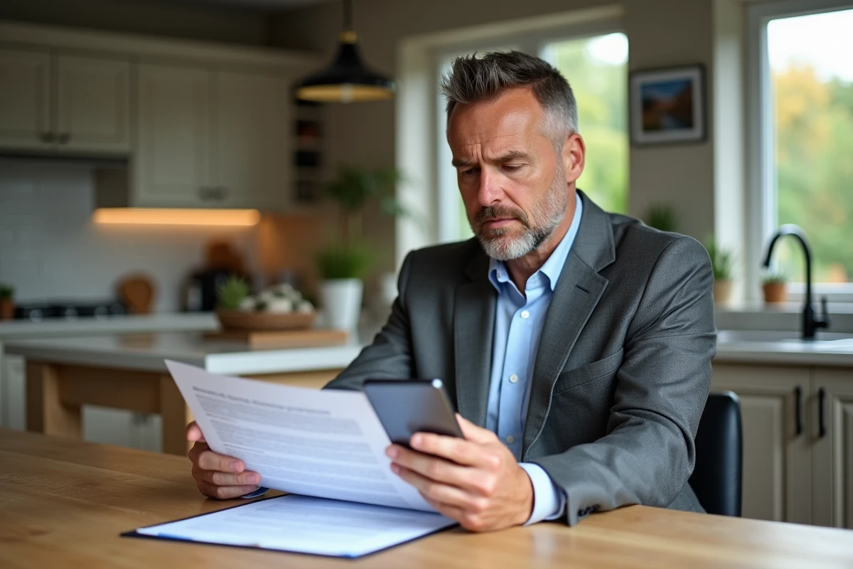 Homme en costume examine un contrat immobilier à la maison
