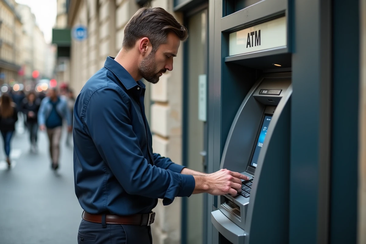 Homme d'affaires face à un distributeur automatique affichant un refus de transaction en raison d'un découvert bancaire dépassé, dans une rue urbaine