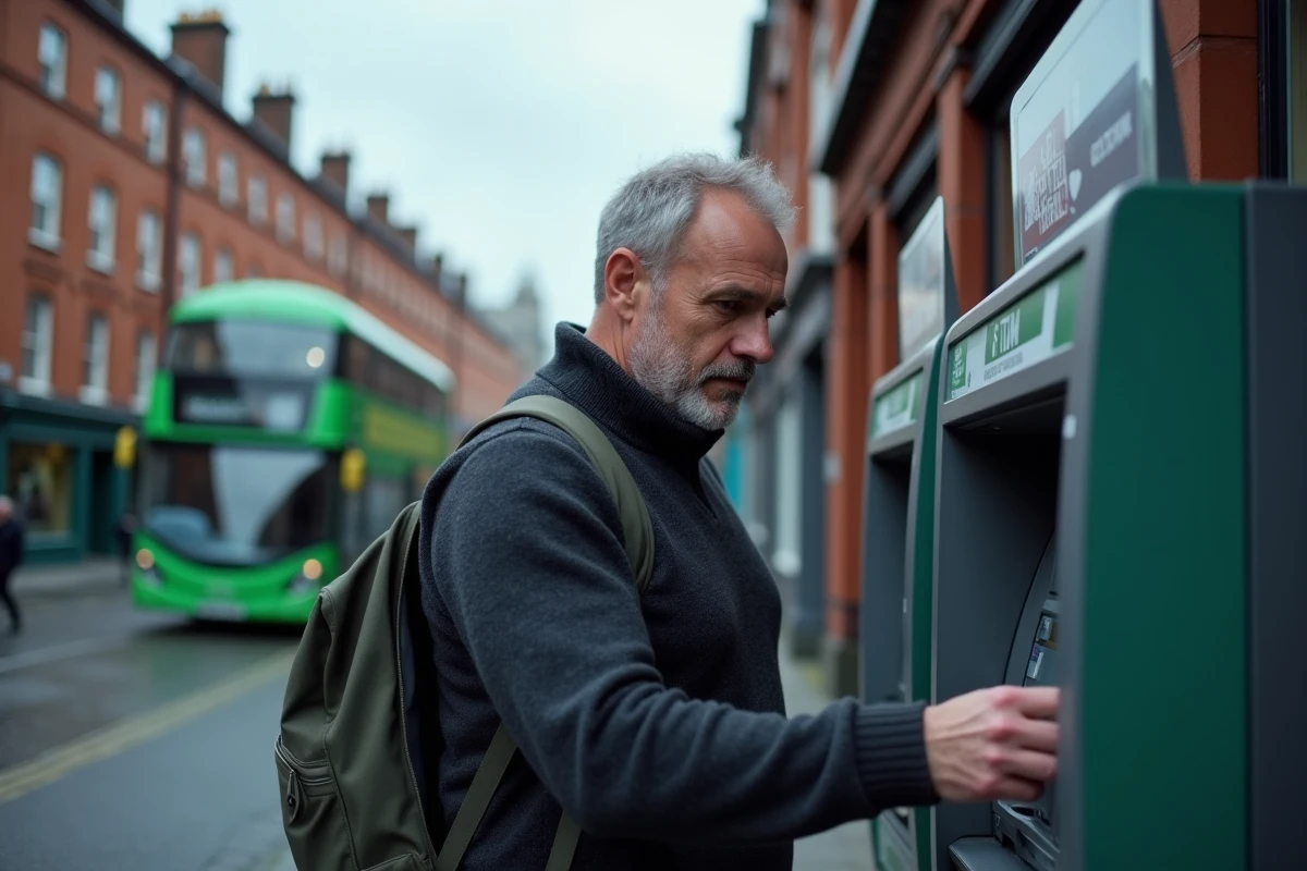Homme utilisant un distributeur automatique de billets à Dublin pour retirer des euros sans frais de change excessifs