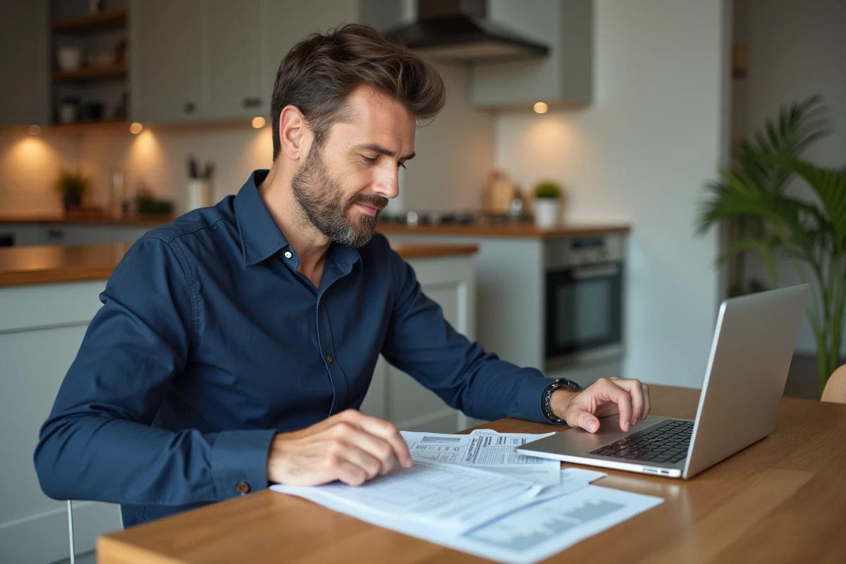 Homme consultant des documents de salaire et des fiches de paie à domicile pour comprendre les cotisations sociales