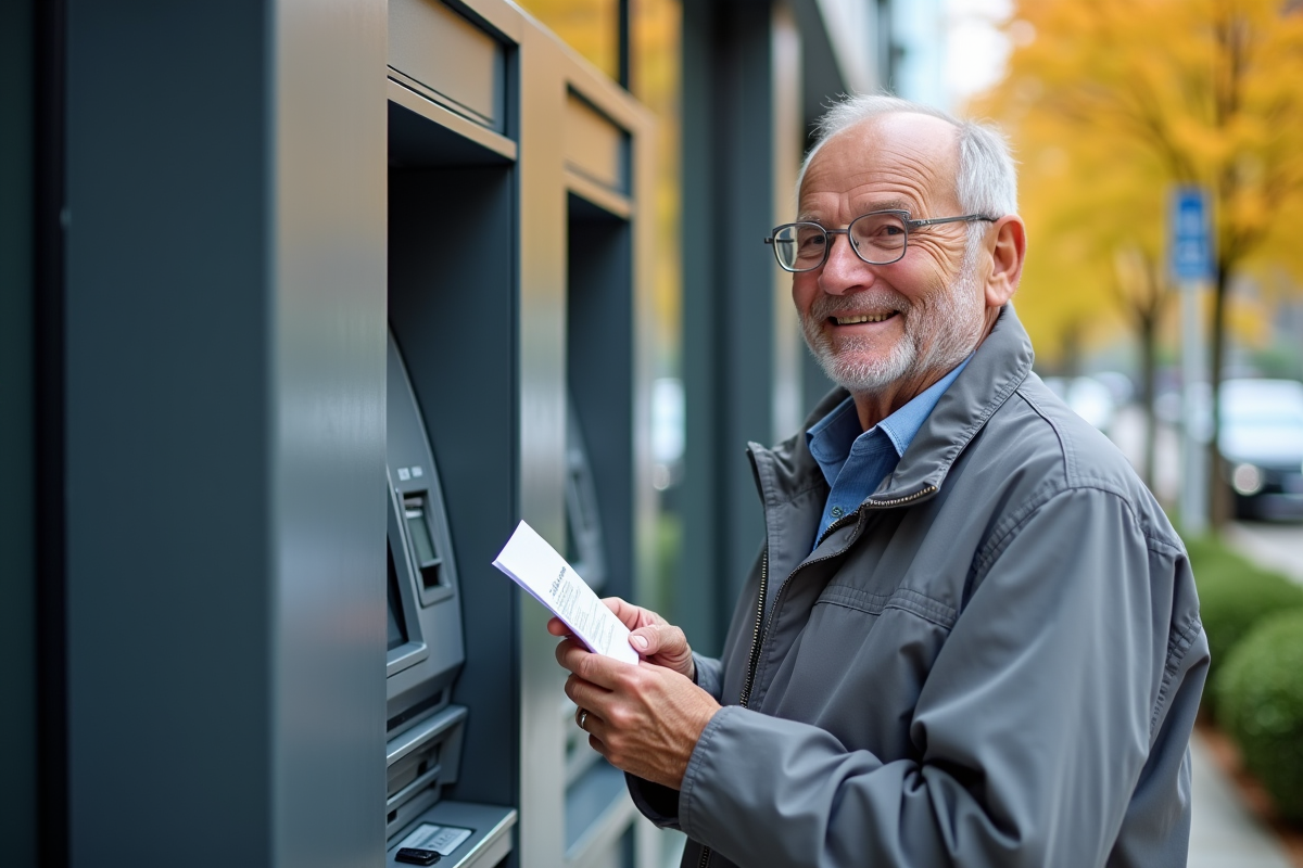 Homme senior souriant devant un distributeur automatique