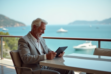 Homme élégant en costume lin sur une terrasse en bord de mer