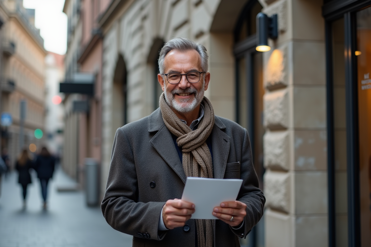 Homme souriant tenant une enveloppe devant une banque