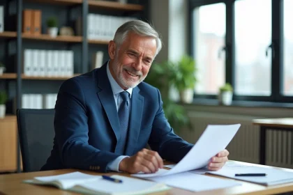 Homme fonctionnaire en costume bleu examine des documents de pr&ecirc;t immobilier