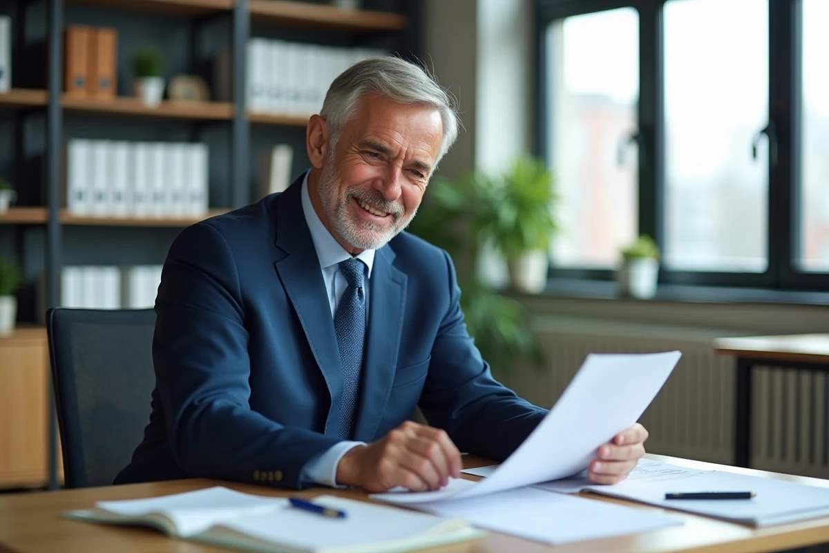 Homme fonctionnaire en costume bleu examine des documents de prêt immobilier