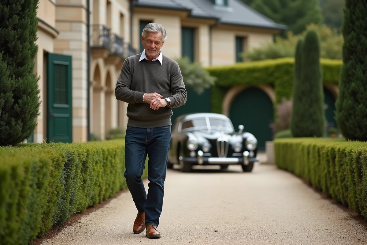 Homme français marchant dans un jardin élégant