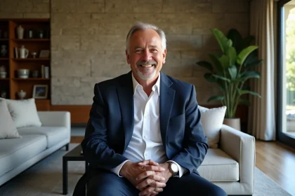 Homme fran&ccedil;ais &eacute;l&eacute;gant assis dans un salon moderne