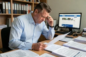 Homme frustré examinant un bordereau de situation amendes avec des documents administratifs éparpillés sur son bureau