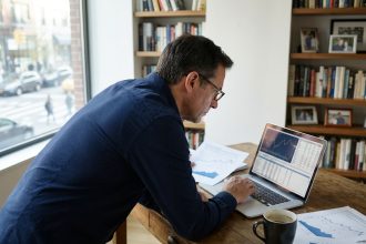 Homme consultant des graphiques boursiers sur un ordinateur portable dans un bureau à domicile moderne, illustrant la gestion d'un Plan d'Épargne en Actions