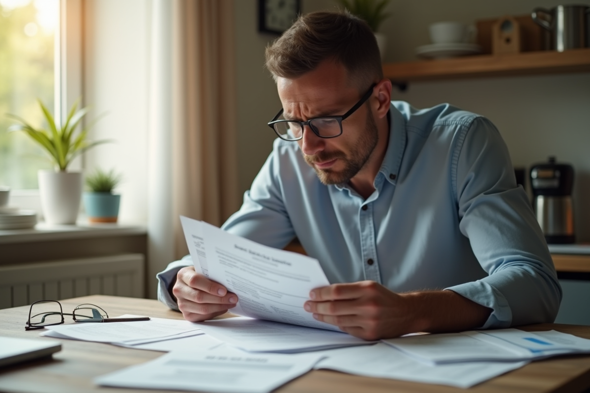 Homme inquiet triant des papiers de banque à la maison