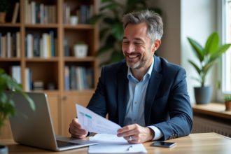 Homme d'âge moyen en blazer bleu dans un bureau cosy
