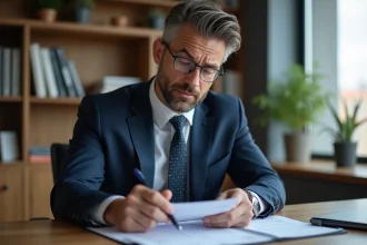 Homme d'affaires en costume bleu dans un bureau moderne