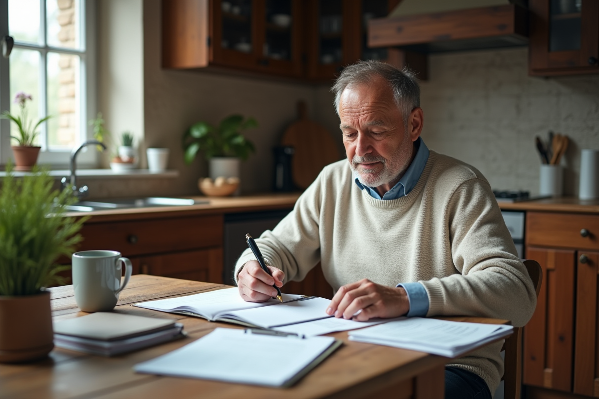 Homme d âge moyen à la maison remplissant un registre