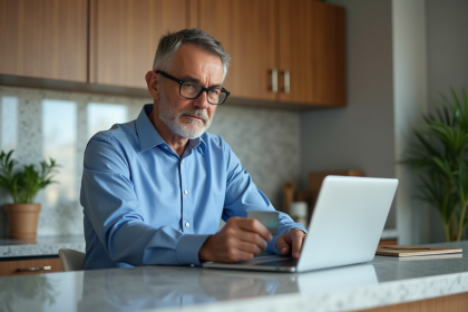 Homme d'&acirc;ge moyen utilisant un ordinateur dans une cuisine moderne