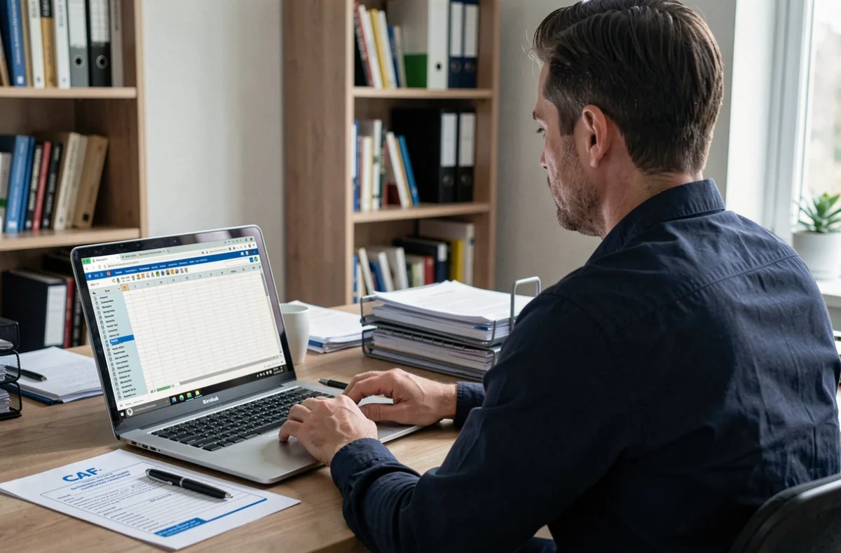 Homme en télétravail consultant des informations sur ses revenus de placement pour la CAF sur ordinateur