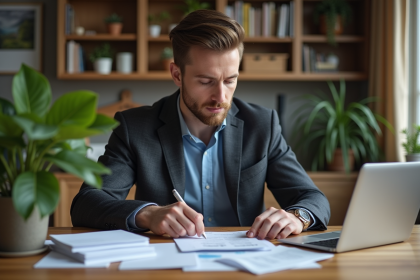 Homme organisé à son bureau à domicile avec papiers
