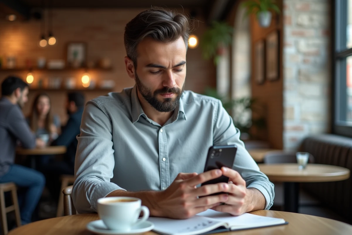Homme consultant une plateforme d'apprentissage boursier sur smartphone dans un café urbain