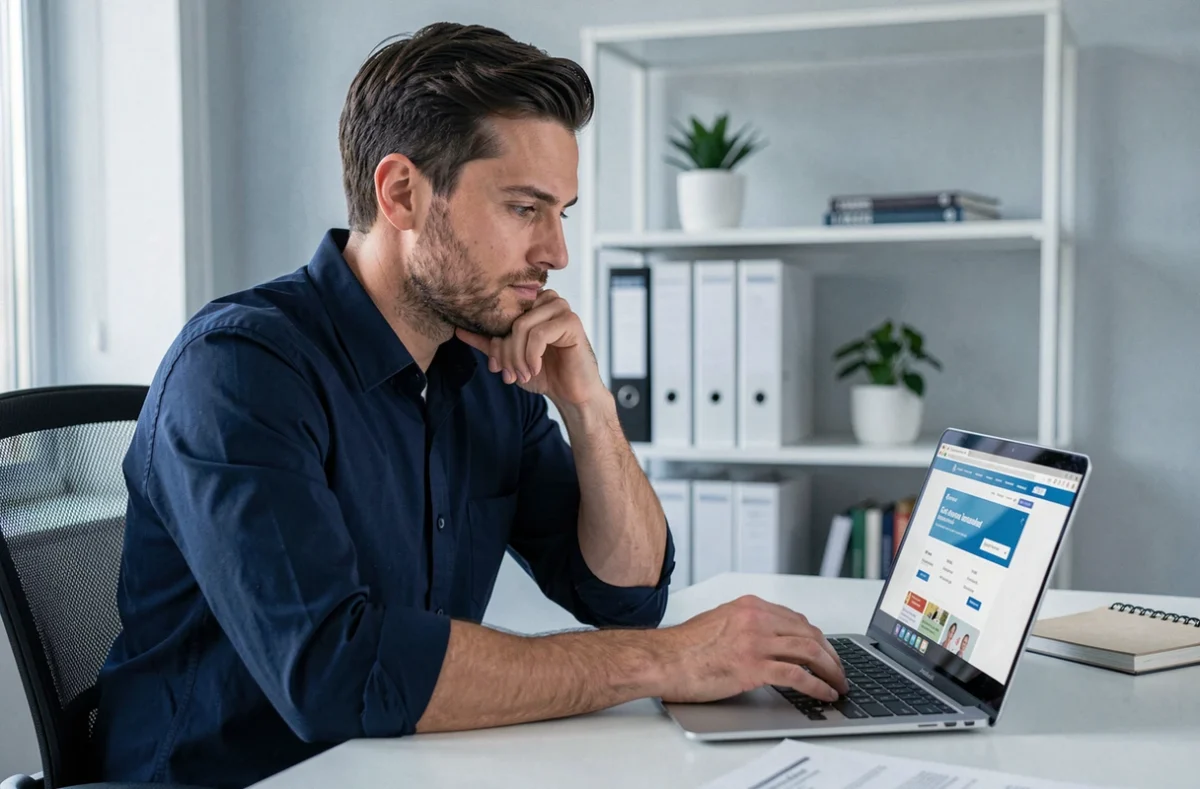 Homme cherchant une mutuelle santé bien remboursée sur internet depuis son bureau