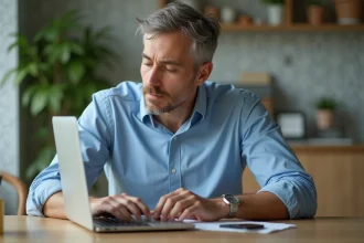 Homme d'âge moyen réinitialise son mot de passe bancaire à la maison