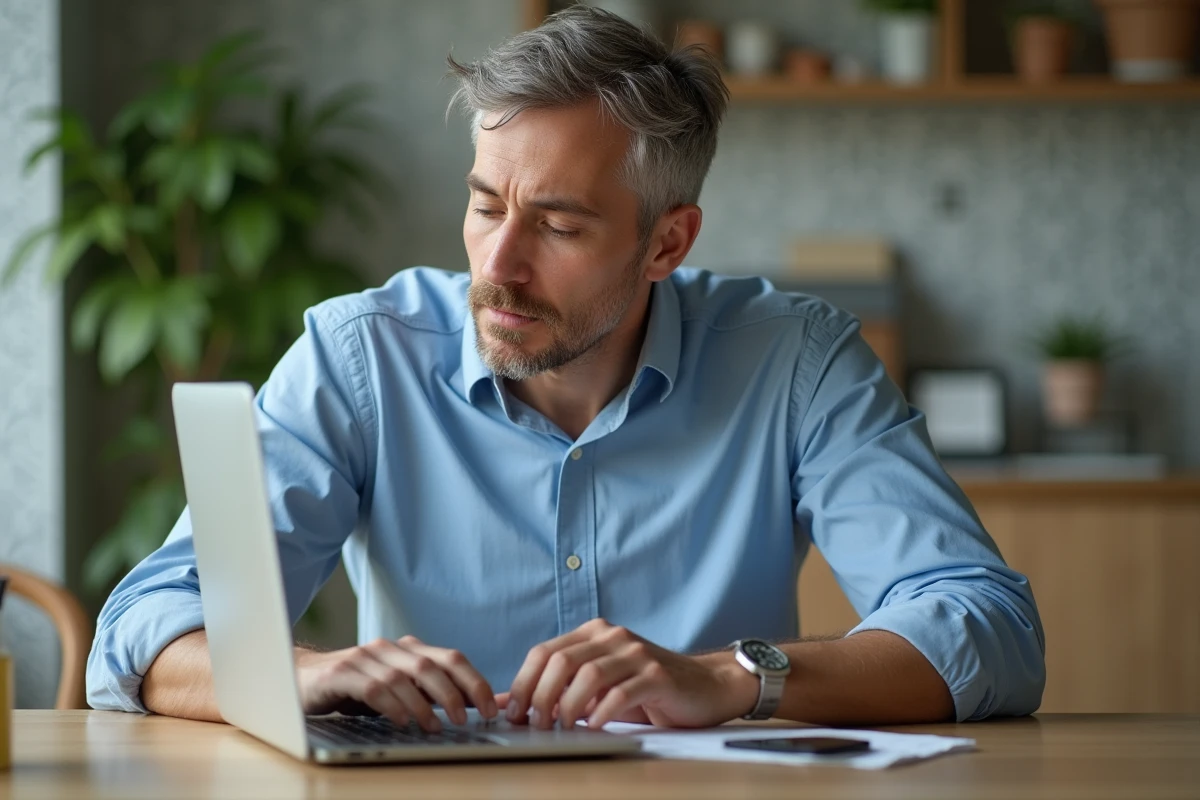 Homme d'âge moyen réinitialise son mot de passe bancaire à la maison