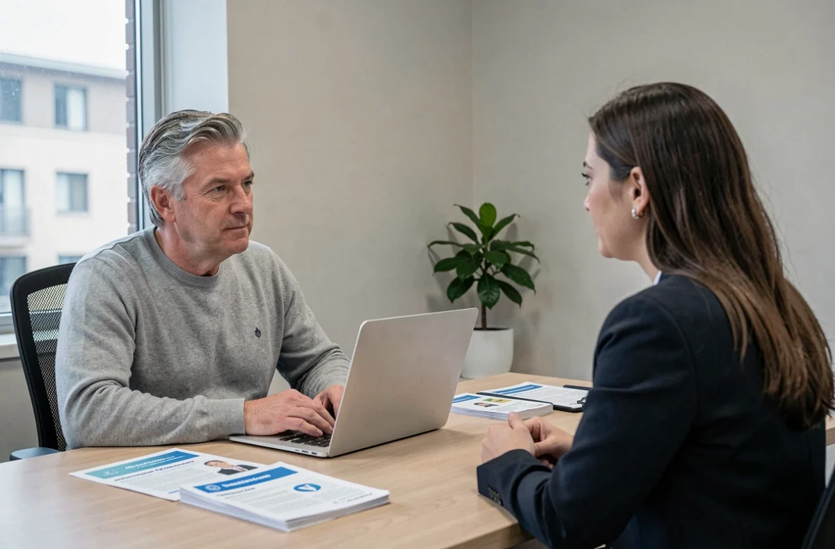 Homme en rendez-vous avec un conseiller pour souscrire à une mutuelle santé