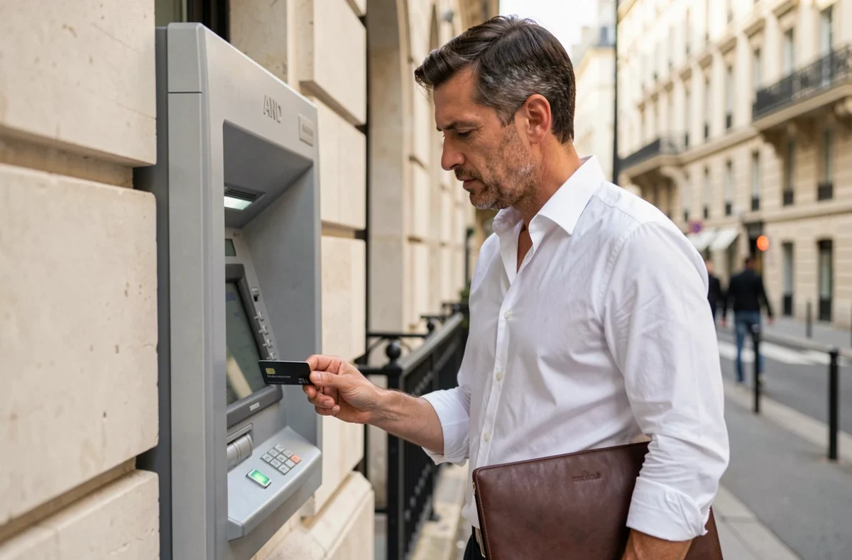 Homme d'affaires utilisant un distributeur automatique BNP Paribas pour vérifier les plafonds de paiement de sa carte banque privée
