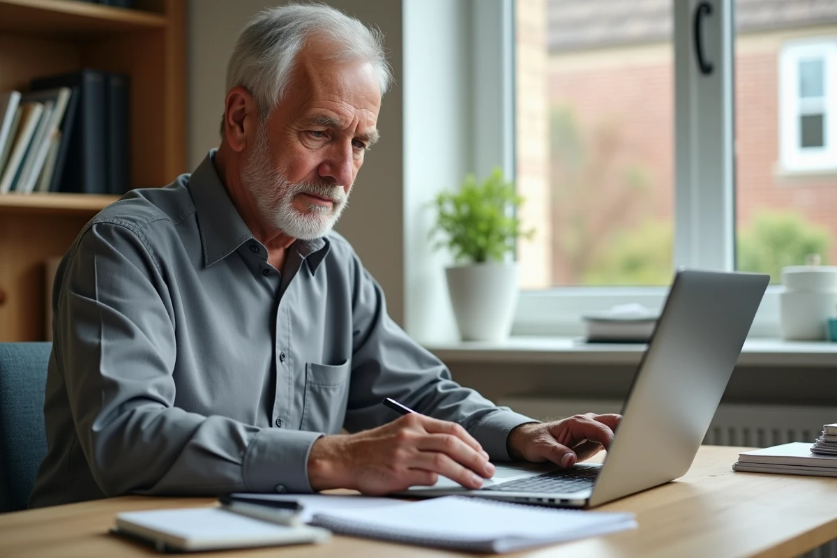 Homme retraité vérifiant les dates de versement de sa retraite complémentaire sur ordinateur