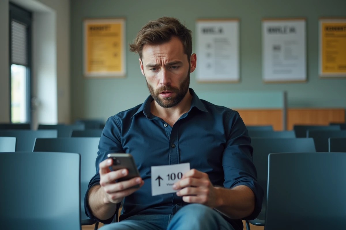 Homme en salle d'attente d'une agence France Travail tenant un ticket, symbolisant les démarches administratives pour obtenir ses versements