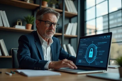 Homme en costume vérifiant sécurité informatique au bureau