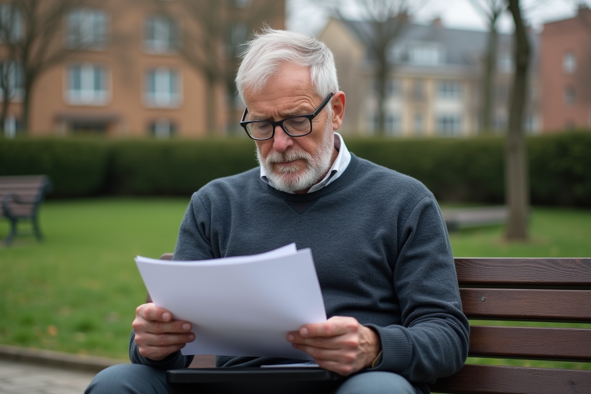 Homme âgé consulte ses papiers dans un parc urbain