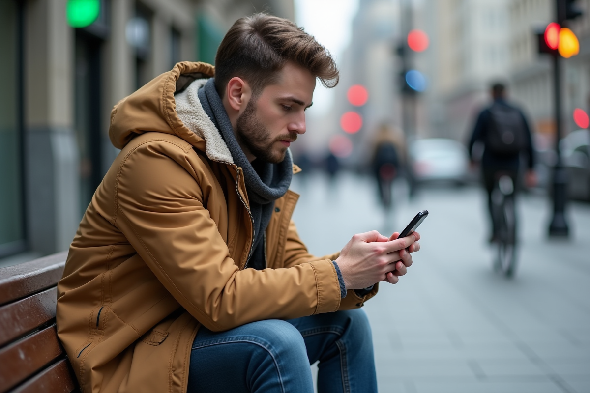 Jeune homme en ville vérifiant ses cryptomonnaies sur smartphone