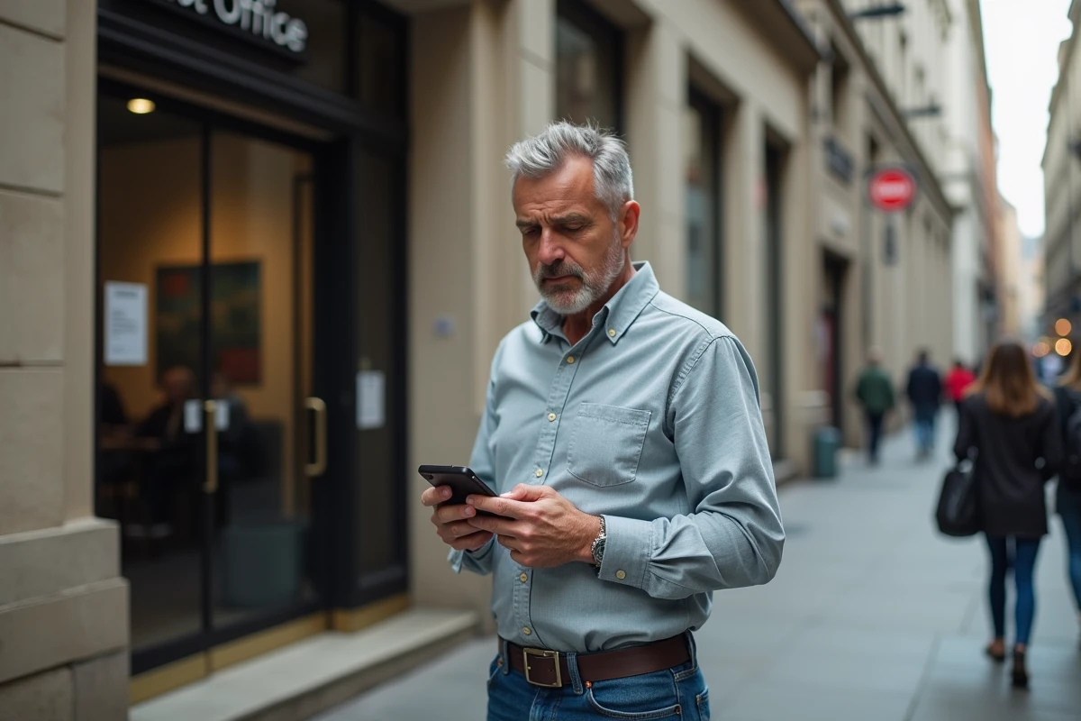 Homme perplexe devant un bureau de poste en ville