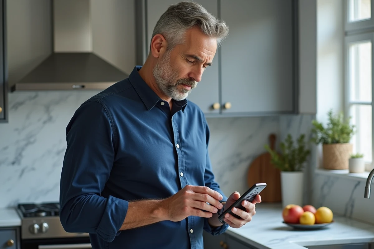 Homme consultant un tableau de bord de suivi des dépenses sur smartphone depuis son espace client en ligne