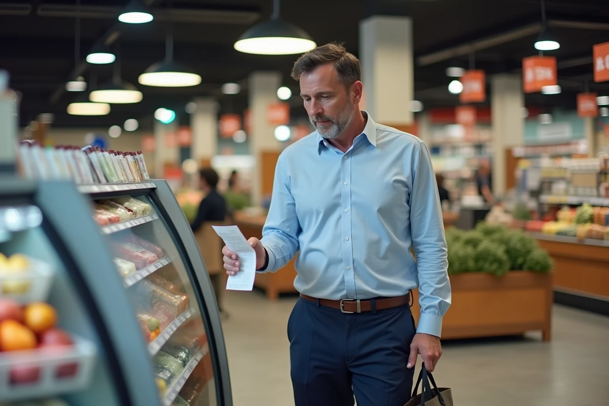 Homme v&eacute;rifiant un ticket de caisse au supermarch&eacute;, symbolisant la gestion du pouvoir d'achat et du budget quotidien en France