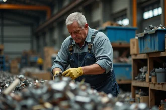 Homme en overalls triant des déchets dans une usine de recyclage