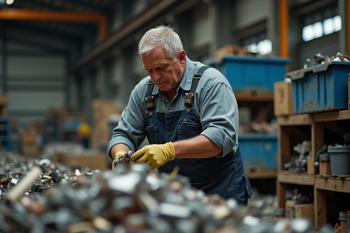 Homme en overalls triant des déchets dans une usine de recyclage