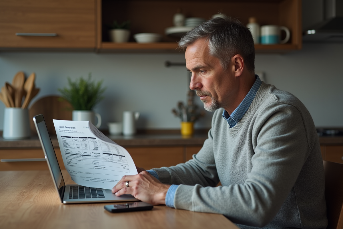 Homme vérifiant un relevé bancaire à la maison