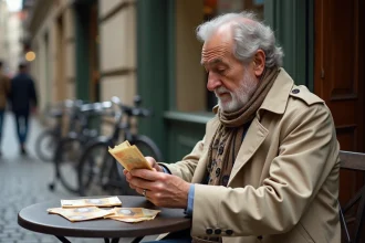 Homme âgé comptant des billets français et euros à Paris