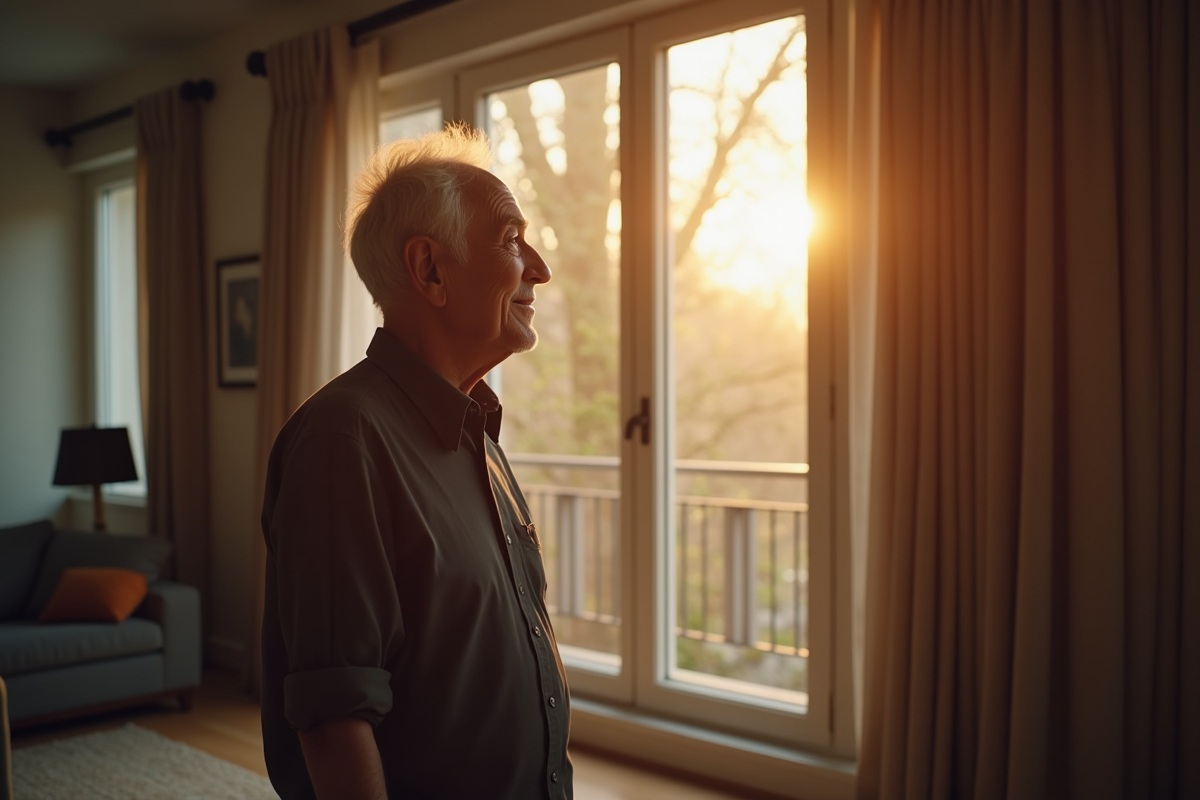 Homme âgé regardant par la fenêtre avec un sourire d